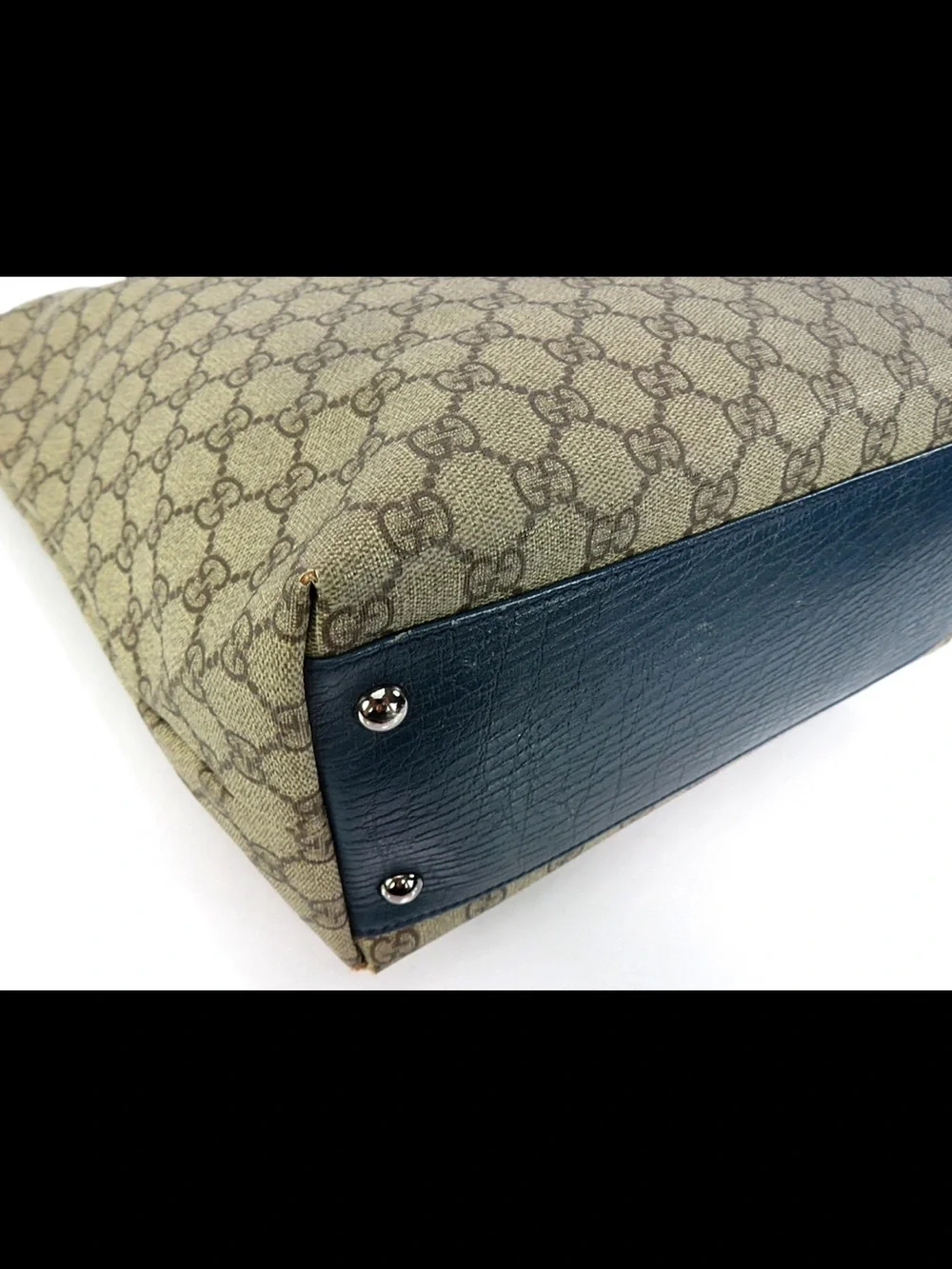 Gucci Beige GG Canvas Tote with Blue Leather Handles